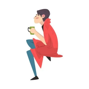 Guy Sitting Under Cozy Plaid Enjoying Hot Drink Mug, Man Drinking Beverage 스톡 일러스트