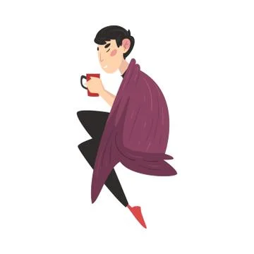 Guy Sitting Under Cozy Plaid Enjoying Hot Drink Mug, Man Drinking Beverage Ilustración de archivo