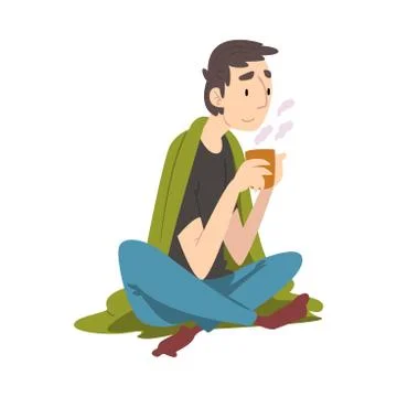 Guy Sitting Under Cozy Plaid Enjoying Hot Drink Mug, Man Drinking Beverage Ilustración de archivo
