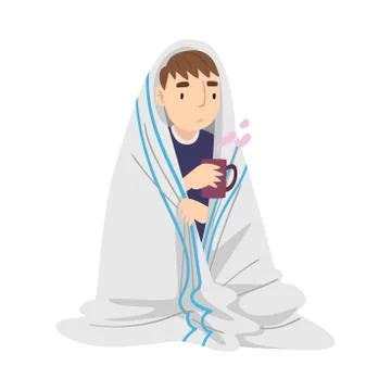 Guy Sitting Under Cozy Plaid with Hot Drink Mug, Person Drinking Beverage Stock Illustration