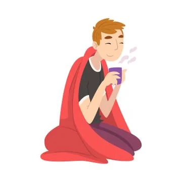 Guy Sitting Under Plaid Enjoying Hot Drink Mug, Man Drinking Beverage Wrapped in 스톡 일러스트