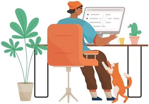 Guy sitting at workplace with pet. Freelancer with laptop working and spending Stock Illustration