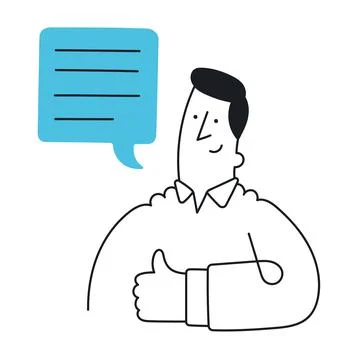 Guy with speech bubble and showing thumb up. Outline, linear, thin line, dood Stock Illustration