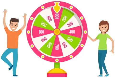 Guy spinning wheel of fortune to win prize. Young man dancing and celebrating Stock Illustration