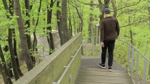 The guy in the spring forest walks on the bridge. Stock Footage 188309597