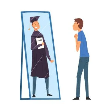 Guy Standing in Front of Mirror Looking at His Reflection and Imagine Himself as Stock Illustration