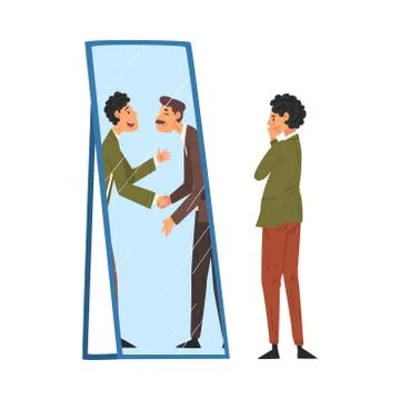 Guy Standing in Front of Mirror Looking at His Reflection and Imagine Himself as Stock Illustration