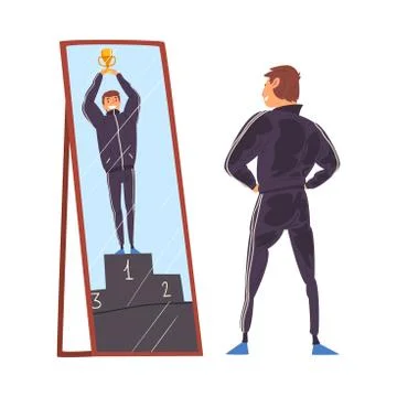 Guy Standing in Front of Mirror Looking at His Reflection and Imagine Himself as Stock Illustration
