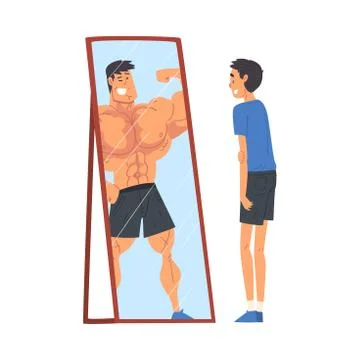 Guy Standing in Front of Mirror Looking at His Reflection and Imagine Himself as Stock Illustration