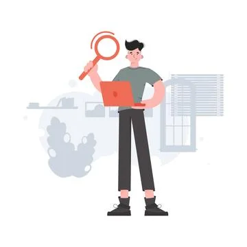 The guy is standing in full growth holding a magnifying glass. Search. Elem.. Stock Illustration