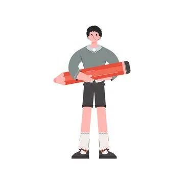 The guy is standing in full growth holding a large pencil. Isolated. Element  Stock Illustration