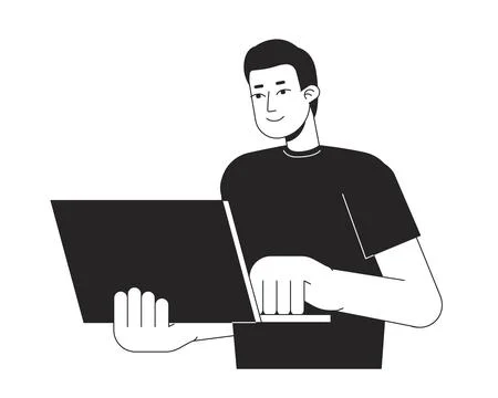 Guy standing with laptop bw vector spot illustration 스톡 일러스트