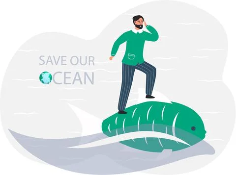 Guy standing on large fish and looks to future. Save our ocean. Man thinking Stock Illustration