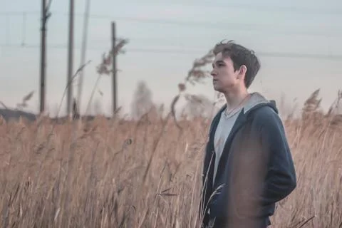 The guy is standing in a reed field Stock Photos
