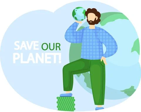 Guy standing with small globe in his hands. Green ecosystem on Earth. Save our Stock Illustration