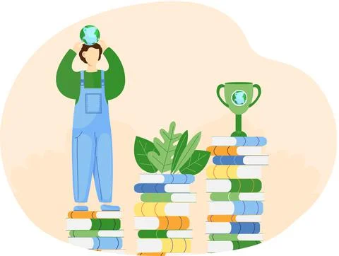 Guy standing on stack of books with small globe in his hands. Man taking care of Stock Illustration