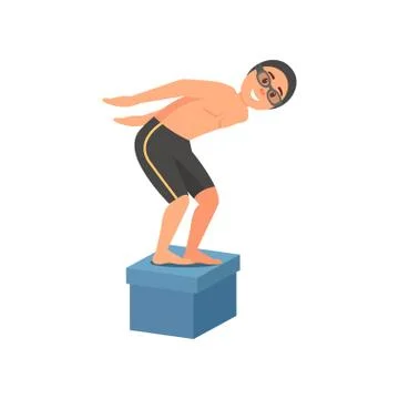 Guy standing on starting block at swimming pool and ready to jump. Young man in Stock Illustration
