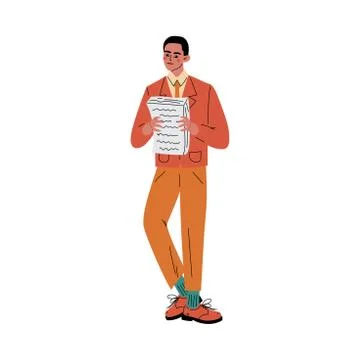 Guy stands and holds a stack of papers cartoon vector illustration イラスト素材