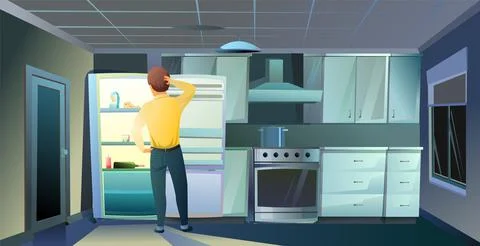 Guy stands in front of empty refrigerator. No food. Kitchen interior. Furnitu Stock Illustration