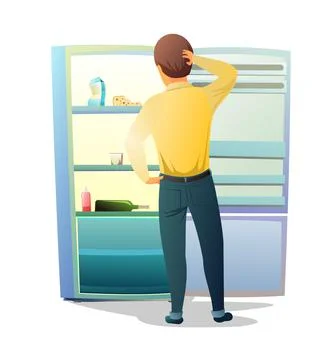 Guy stands in front of empty refrigerator. No food. Kitchen interior. Illustr Stock Illustration