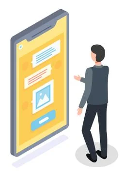 Guy stands in front of huge smartphone screen and chatting. Test messages, photo Stock Illustration