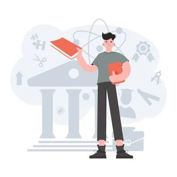 The guy stands in full growth with a book and a tablet. Online school. Elem.. Illustrazione stock