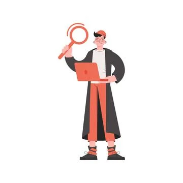 The guy stands in full growth keeps working at the computer. Isolated. Elem.. Stock Illustration