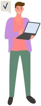Guy stands with laptop and clicks checkmark icon. Man working with computer Illustrazione stock