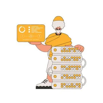 Guy stands near server, Logo of Internet of Things in hand. Illustrazione stock