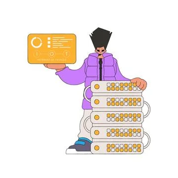 Guy stands by server IoT logo in hands. Stock Illustration