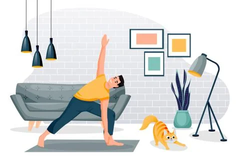 Guy stands in triangle pose. Home yoga exercise practice. Man and cat trainin Stock Illustration