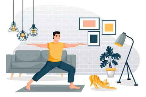 Guy stands in a warrior pose. Home yoga exercise practice. Man and cat traini Illustrazione stock
