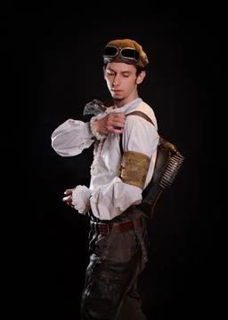 A guy in a steampunk image, a pilot or a mechanic. Retro style, fantastic image. Foto stock