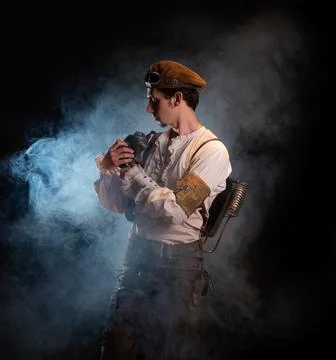 A guy in a steampunk image, a pilot or a mechanic. Retro style, fantastic image. Foto stock
