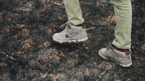 The guy steps on the burnt dry grass. Close-up of the legs Stock Footage 128016491