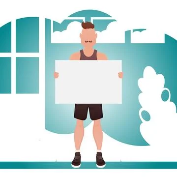 A guy with a strong physique in full growth holds an empty space for advertis Stock Illustration