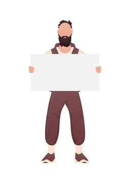 A guy with a strong physique holds a blank sheet in his hands. Isolated. Ca.. Stock Illustration