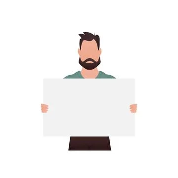 A guy with a strong physique holds a blank sheet in his hands. Isolated. Cart Stock Illustration