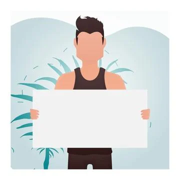 A guy with a strong physique holds a blank sheet in his hands. Rally. Carto.. Stock Illustration