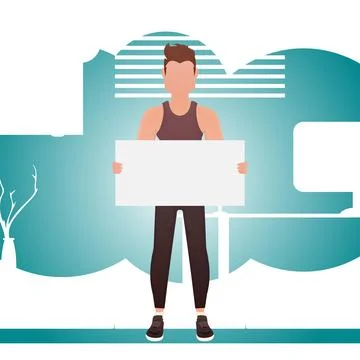 A guy with a strong physique holds an empty sign in his hands. Place for your Stock Illustration