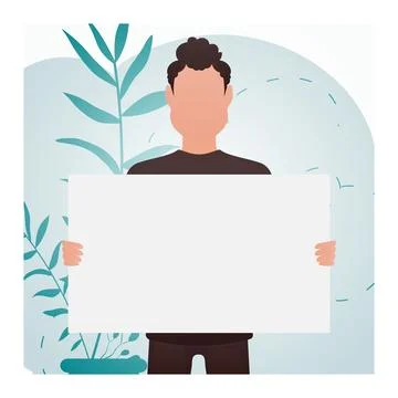 A guy with a strong physique holds an empty banner in his hands. Place for .. Stock Illustration