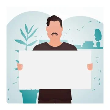 A guy with a strong physique holds an empty sign in his hands. Rally. Cartoon Stock Illustration