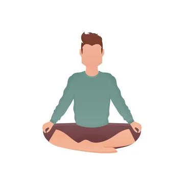 A guy of strong physique sits in a lotus position. Isolated. Cartoon style. Stock Illustration