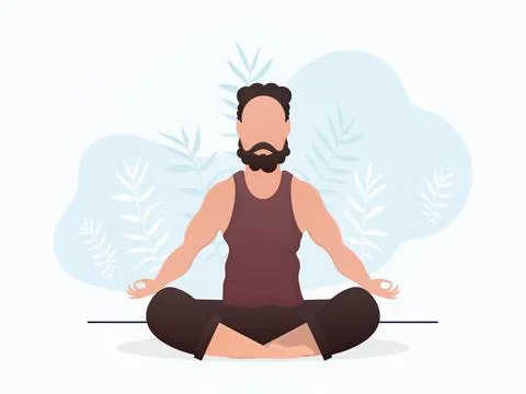 A guy with a strong physique sits meditating in the lotus position. Meditat.. Stock Illustration