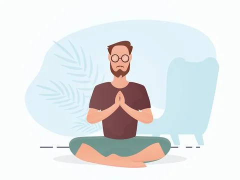 A guy with a strong physique is sitting and doing yoga. Meditation. Cartoon.. Stock Illustration