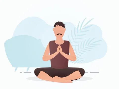 A guy with a strong physique is sitting and doing yoga. Yoga. Cartoon style. 스톡 일러스트