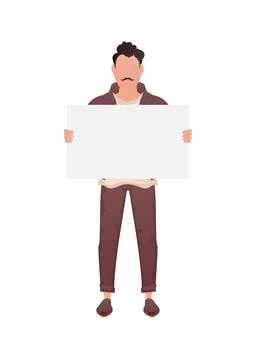 A guy with a strong physique stands in full growth and holds an empty banne.. Stock Illustration