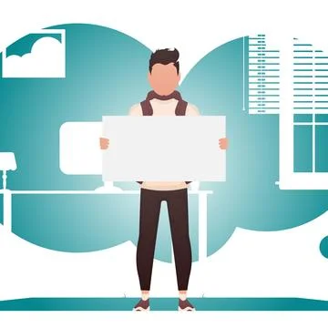 A guy with a strong physique stands in full growth and holds an empty banner  Stock Illustration