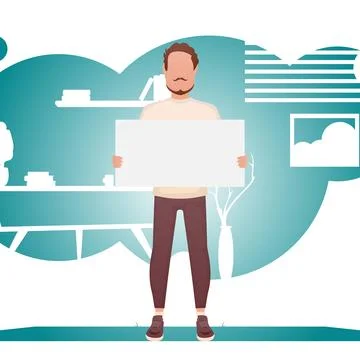 A guy of strong physique stands at full height and holds an empty sign in his Stock Illustration