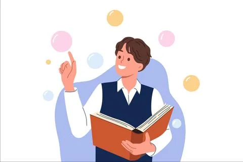 Guy student with book in hands reads science fiction literature and stands among Illustrazione stock
